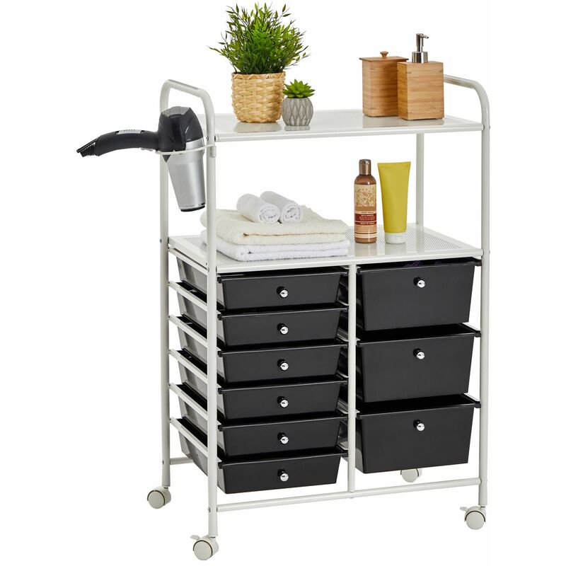 Idimex - Caisson sur roulettes marita chariot 9 tiroirs en plastique noir et 2 étagères, rangement salle de bain en métal blanc - Blanc/Noir