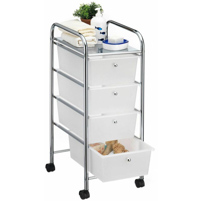 Idimex - Caisson sur roulettes sano chariot avec 4 tiroirs en plastique blanc transparent et 1 étagère, rangement salle de bain métal chromé