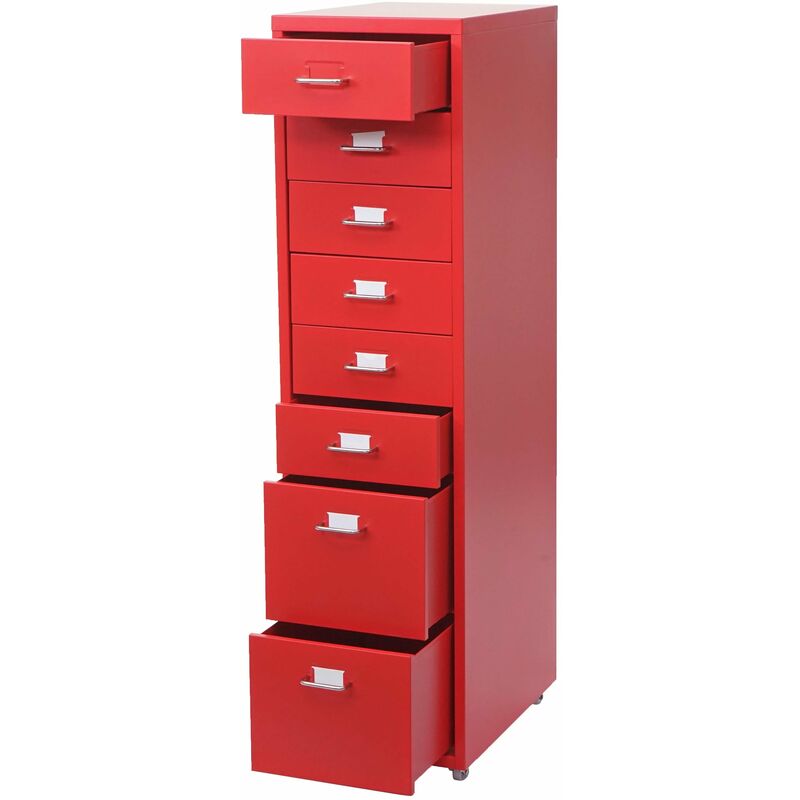 Caisson à tiroirs sur roulettes rangement bureau 8 tiroirs 110x28x41cm en acier rouge