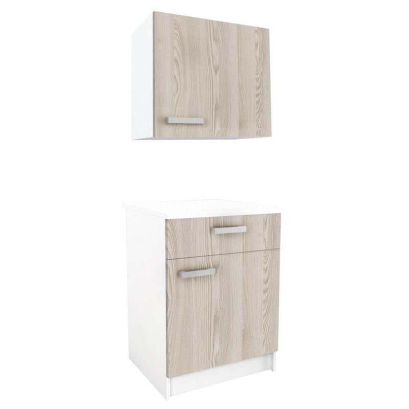 Caissons de cuisine - 1 meuble bas & 1 meuble haut - 2 portes & 1 tiroir - Naturel clair et blanc - TRATTORIA
