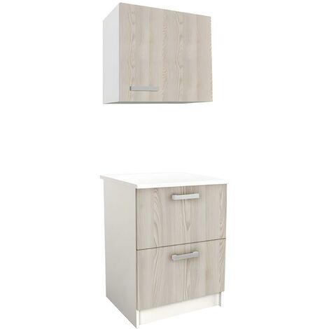 Caissons de cuisine - 1 meuble bas & 1 meuble haut - 2 tiroirs & 1 porte - Naturel & Blanc - TRATTORIA - Naturel clair, Blanc
