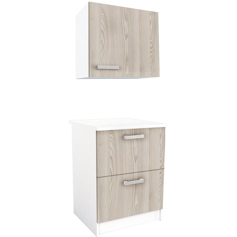 Caissons de cuisine - 1 meuble bas & 1 meuble haut - 2 tiroirs & 1 porte - Naturel clair & Blanc - trattoria