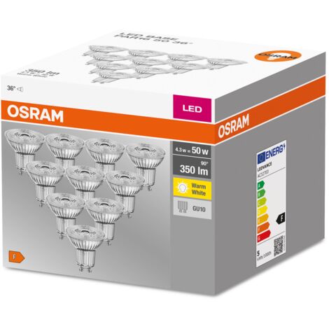 CAJA 10 BOMBILLAS LED REFLECTORAS GU10 4.3W CALIDA 36º OSRAM
