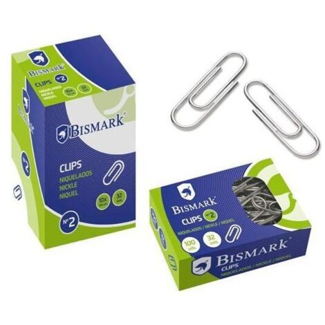 CAJA 100 CLIPS LABIADOS NIQUELADOS PUNTA REDONDA Nº 2 DE 32 MM. BISMARK 316865