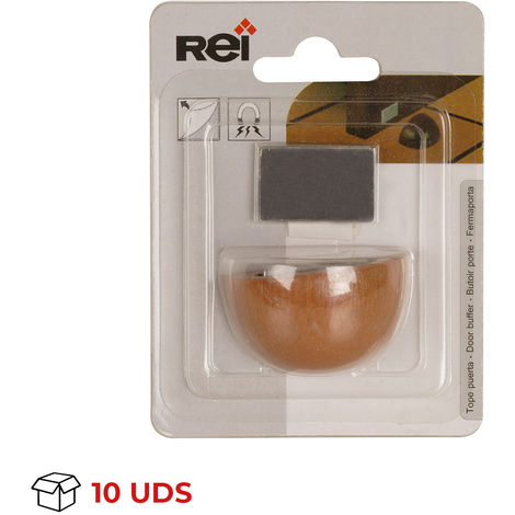 Caja con 10 retenedores de puerta con imán adhesivo marca REI, fabricado en madera, con acabado roble transparente y diseño
