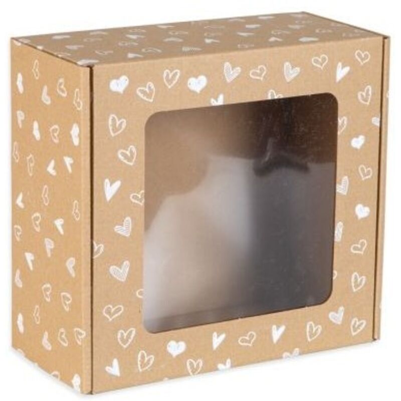 CAJA CON VENTANA 20x20x10 CAJA DE REGALO DECORATIVA ESTAMPADA DE CORAZONES 10uds