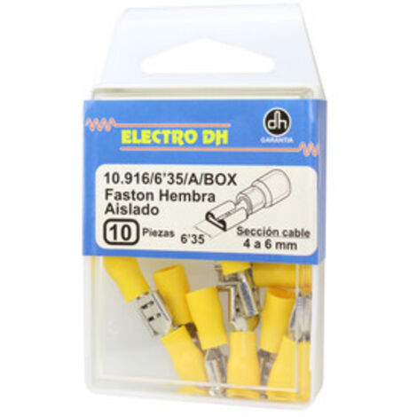 Caja de 10 Terminal Faston hembra aislado para cables de 4 a 6 mm² 6.35 mm Electro DH Color Funda Amarillo 10.916/6.3/A/BOX 8430552088270