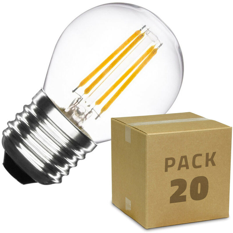 

Caja de 20 Bombillas LED E27 Casquillo Gordo Regulable Filamento Small Classic G45 4W Blanco Cálido
