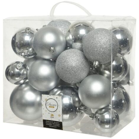 CAJA DE 26 BOLAS PLATEADAS VARIOS TAMAÑOS Ø6cm/Ø8cm/Ø10cm