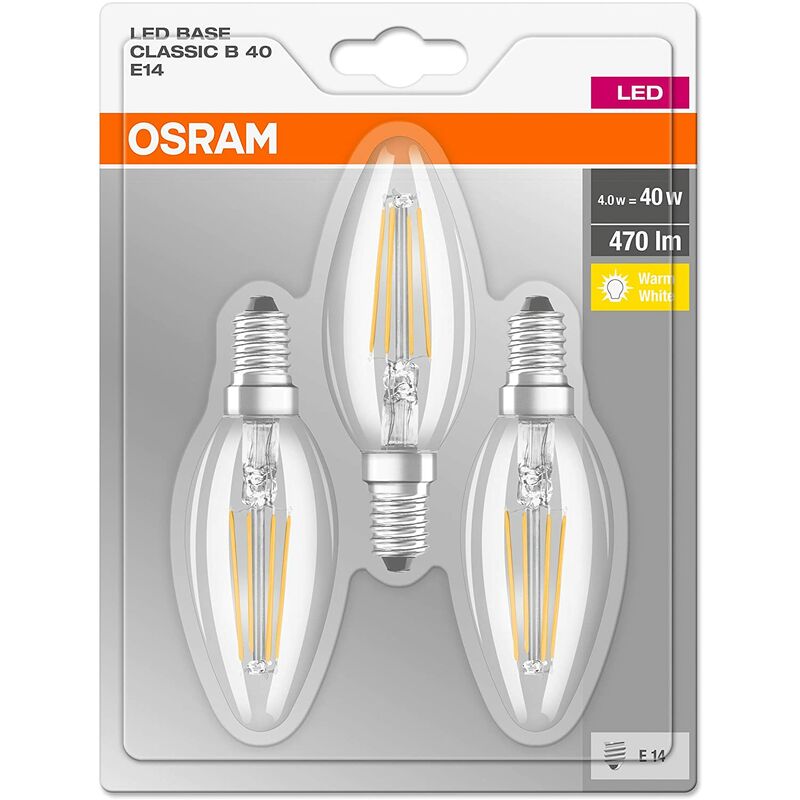 

Pack de 3 Bombillas LED Filamento Vela E14 4W 2700K Luz Calida - Osram