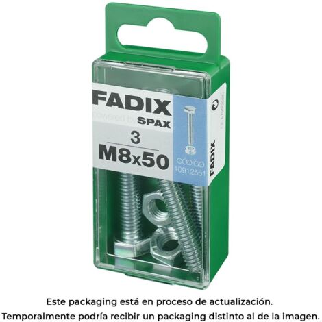 Caja de 3 unidades de tornillo métrico con cabeza hexagonal y tuerca en cinc M 8x50mm Fadix