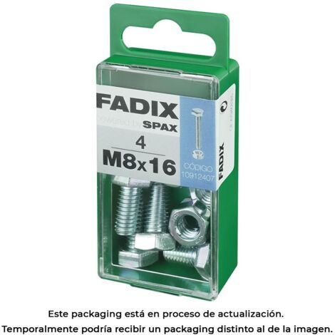 Caja de 4 unidades de tornillo métrico con cabeza hexagonal y tuerca en cinc M 8x16mm Fadix
