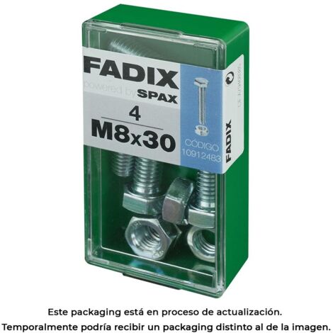 Caja de 4 unidades de tornillo métrico con cabeza hexagonal y tuerca en cinc M 8x30mm Fadix