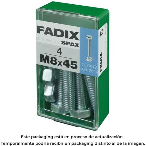 Caja de 4 unidades de tornillo métrico con cabeza hexagonal y tuerca en cinc M 8x45mm Fadix