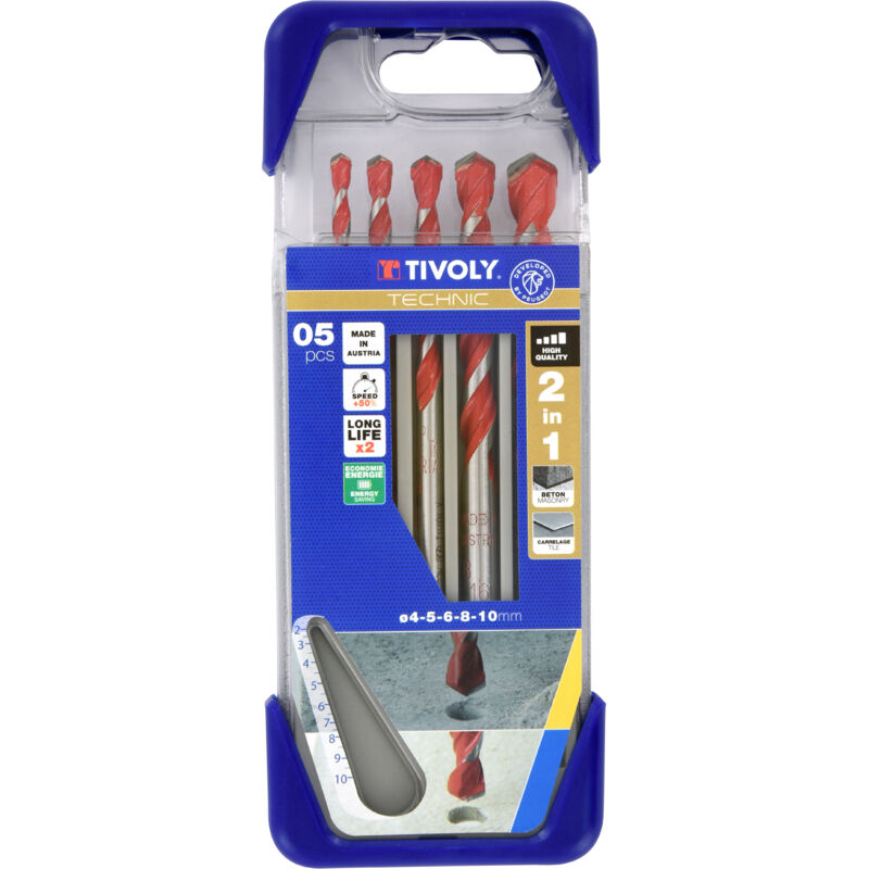 Tivoly - Caja de 5 brocas 2 en 1 Beton-Tile Technic de ø 4-5-6-8-10 mm