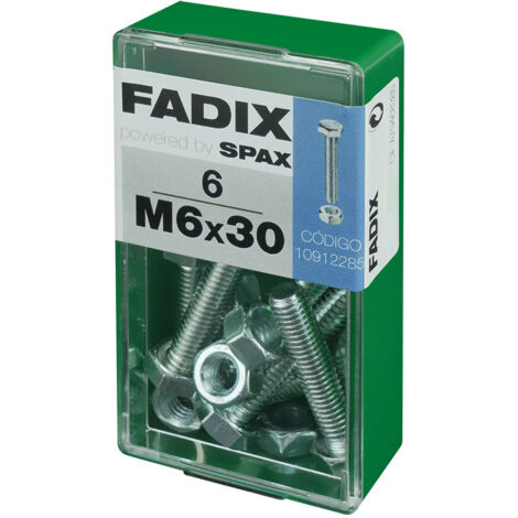 Caja de 6 unidades de tornillo métrico con cabeza hexagonal y tuerca en cinc M 6x30mm Fadix