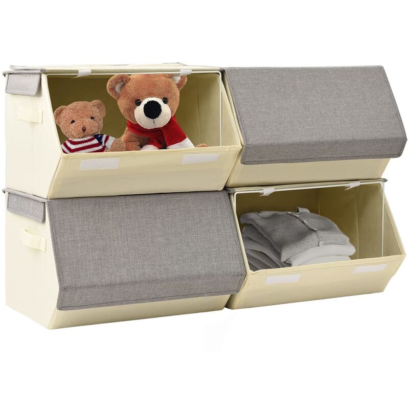 

Caja de almacenaje apilable con tapa 4 uds tela gris y crema