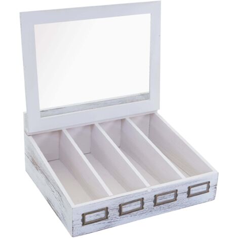 Caja de almacenaje de madera de paulownia blanca con tapa de cristal y 4 compartimentos 040011179