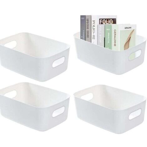 Caja de almacenamiento blanca, juego de 4 cajas de almacenamiento, caja de almacenamiento de plástico, cesta de plástico, caja de almacenamiento multifuncional, adecuada para la cocina, el baño, etc.