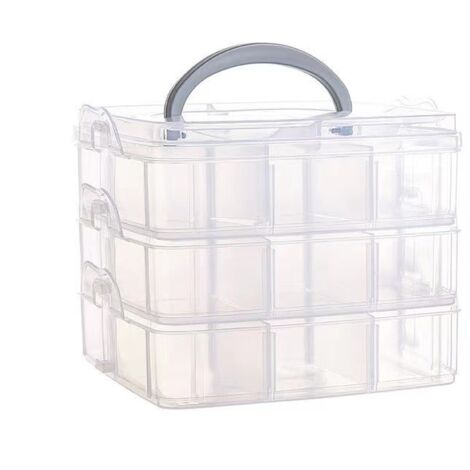 Caja de almacenamiento con asa de transporte, 18 compartimentos, 15 x 15 x 12,5 cm, transparente