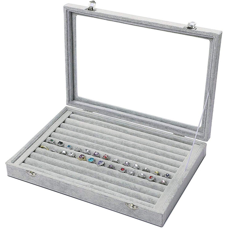 

Caja de almacenamiento de anillos de terciopelo - Soporte para joyas con soporte de tapa de vidrio transparente en la bandeja de la caja de