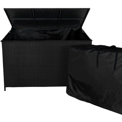 Caja de Almacenamiento de Exterior de Ratán 582L NEGRO + Bolsa Impermeable - Estructura de Acero - Resistente a los Rayos UV y diversas condiciones climáticas - Tapa de Elevación Asistida - con Ruedas