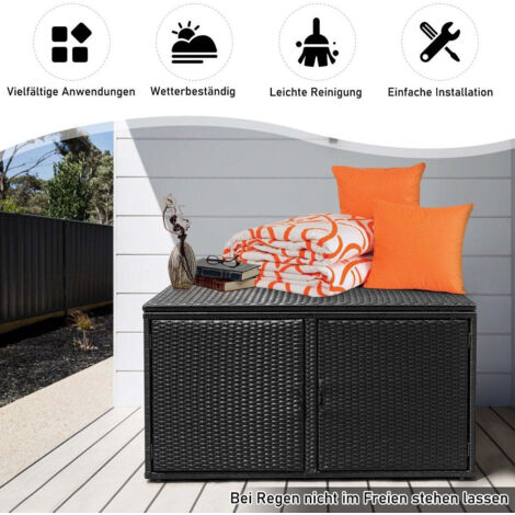 Caja de almacenamiento de ratán, 335 L, puertas dobles y tapa, color negro