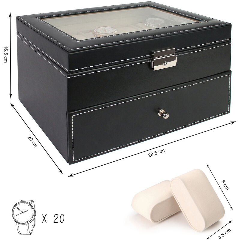 

Caja de Almacenamiento de Relojes y Pulseras, Caja de Relojes, 20 Relojes con cajón y pantalla, Negro/Beige, Tamaño: 28,5 x 20,5 x 15 cm