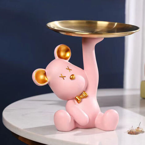 Caja de almacenamiento de resina con un oso sentado, decorativa, bandeja multifuncional para llaves y joyas, bandeja de color marrón rosado, decoración de interiores