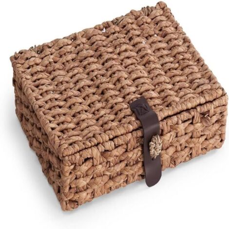 Caja de almacenamiento decorativa de ratán con tapa, cesta tejida de jacinto de agua de gran tamaño, color marrón, 372812,5 cm.