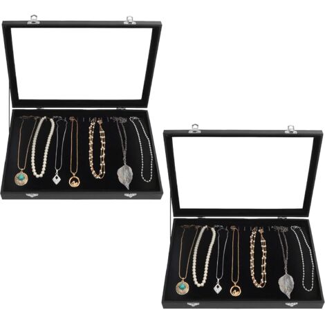 Caja de almacenamiento/exhibición de joyas de terciopelo negro con 20 ganchos y tapa dorada con cerradura (juego de 2) – Bandejas apilables – para collares, pulseras, pendientes y tobilleras.