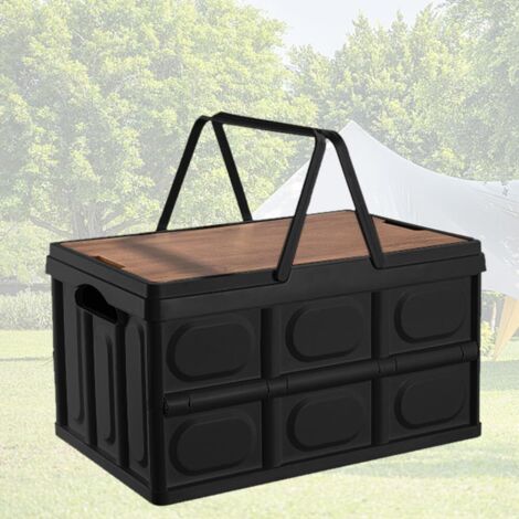 Caja de Almacenamiento para Acampar, Caja de Almacenaje Plegable para Camping de Gran Capacidad de 30 Litros Caja para Camping con Tapa de Madera Organizador de Maletero para Camping