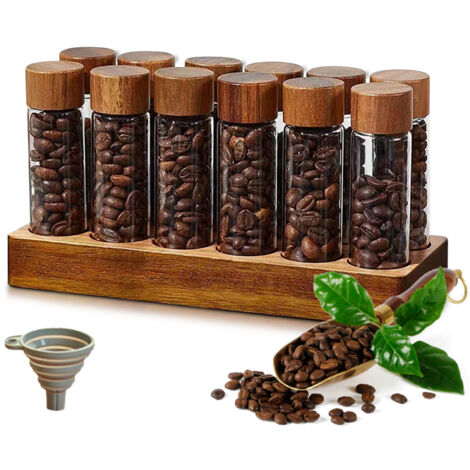 Caja de almacenamiento para granos de café monodosis (12 tubos), recipiente portátil y versátil con soporte de madera de nogal y embudo (57 g).