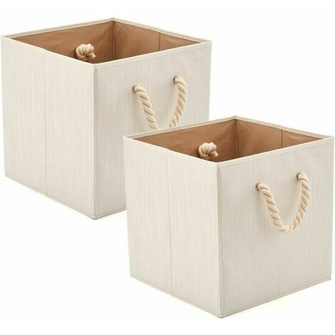 Caja de almacenamiento plegable de tela de algodón y bambú con asas, cesta de almacenamiento, caja de almacenamiento para cocina, habitación de los niños, estantería, estante - Juego de 2, color beige