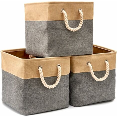 Caja de almacenamiento plegable de yute y algodón con asa, cesto para la colada, armario de almacenamiento para estantería, librería, baño, juego de 3, beige y gris