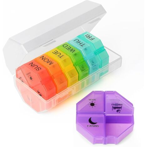 Caja de almacenamiento portátil, 7 días, 4 tipos, 28 cajas de almacenamiento portátiles extragrandes por semana, caja de almacenamiento portátil para desplazamientos matutinos, de mediodía y vespertin
