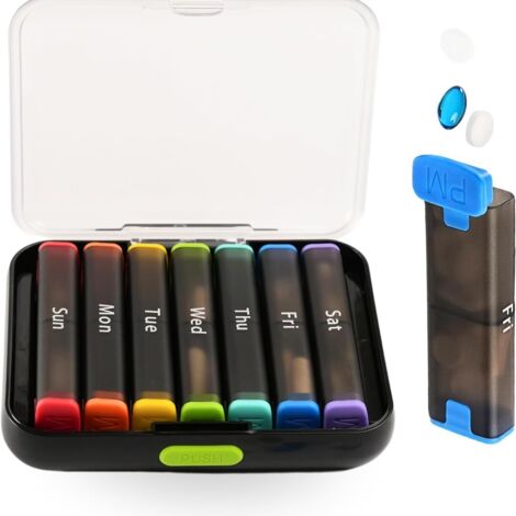 Caja de almacenamiento portátil para 7 días (mañana y tarde), caja de almacenamiento portátil con 2 modelos resistentes a la humedad para 7 días, caja de almacenamiento portátil con nombre en inglés, 