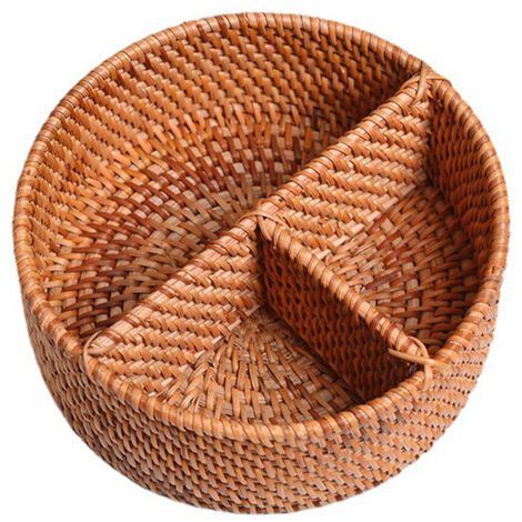 Caja de almacenamiento portátil y decorativa de ratán marrón con tres compartimentos para oficina y hogar – 26 x 19 x 6 cm