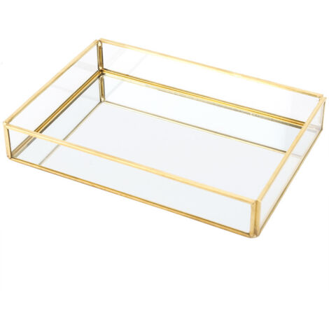 Caja de almacenamiento vintage de metal y cristal con bandeja dorada, ideal para exhibir joyas y cosméticos (tamaño pequeño).