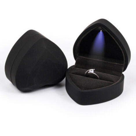 Caja de anillo en forma de corazón, soporte de terciopelo, organizador de caja de joyería con luz LED para propuesta, compromiso, ceremonia de boda, regalo de aniversario, negro