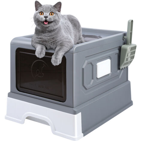 Caja de arena cerrada, caseta de baño para gatos, bandeja con techo abatible, bandeja extraíble, pala, cepillo, fácil limpieza - Gris 36 x 45,5 x 32 cm