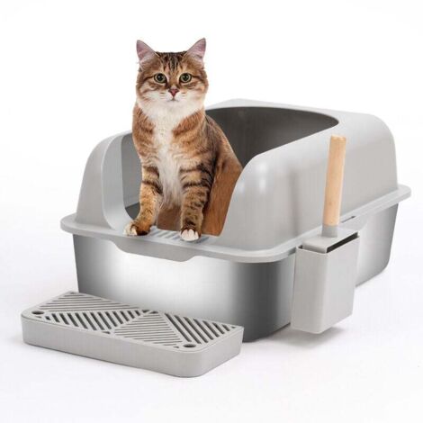 Caja de arena de acero inoxidable con tapa, espacio total de 75 l, caja de arena extragrande, capacidad para varios gatos, fácil de limpiar, antiadherente, a prueba de fugas, compatible con todos los.
