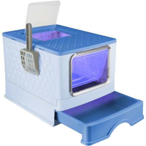 Caja de arena para gatos grande con Lámpara ultravioleta y Cajon y palita para arena de gatos 36x49x35cm Azul
