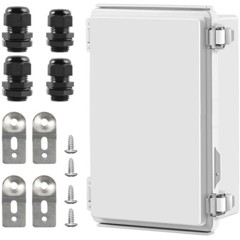 Caja de conexiones de ABS impermeable IP67 para proyectos en exteriores, resistente a la intemperie y al polvo, con tapa abatible y placa de montaje.