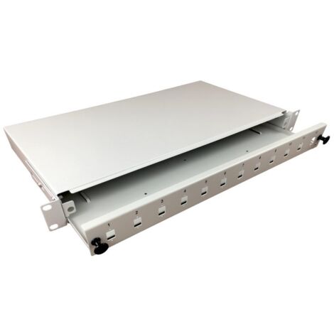Caja de distribución de fibra óptica 12xSC simplex / 12xLC duplex 19" 1U con panel frontal y accesorios de montaje (prensaestopas, bandas), extensible ALANTEC