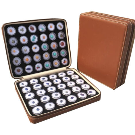 Caja de exhibición de diamantes marrón con 60 piedras, caja de almacenamiento coleccionable de cuero