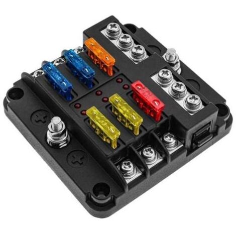 Caja de fusibles de 12 V, portafusibles, bloques de fusibles de cuchilla con 16 fusibles, 6 indicadores LED, cubierta protectora para automóviles, barcos, vehículos marinos, camiones y SUV de 12 V/24 