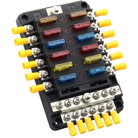 Caja de fusibles de 12 vías con barra colectora negativa, bloques de fusibles de cuchilla de 12 V/24 V CC, 12 circuitos, soporte de caja de fusibles para automóvil, barco, SUV, RV, furgoneta