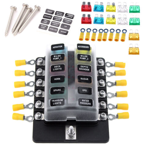 Caja de fusibles de 12 vías con indicador LED rojo, 10 fusibles y 10 terminales para coche, barco, caravana, camión (12V/24V).