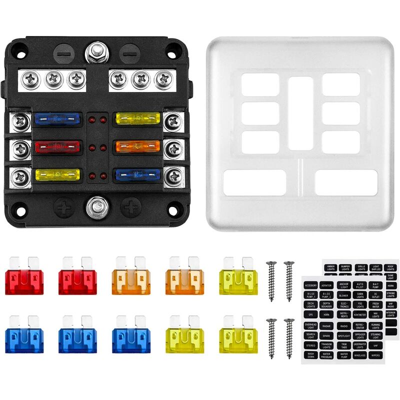 

Caja de fusibles de 6 vías 12V 32V 100A Portafusibles con 10 fusibles Cubierta protectora de 6 indicadores LED + 2 uds pegatinas para coche, barco,